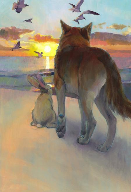 Artwork from the book shows characters Lemon and Cedar watching the sunrise on a beach.