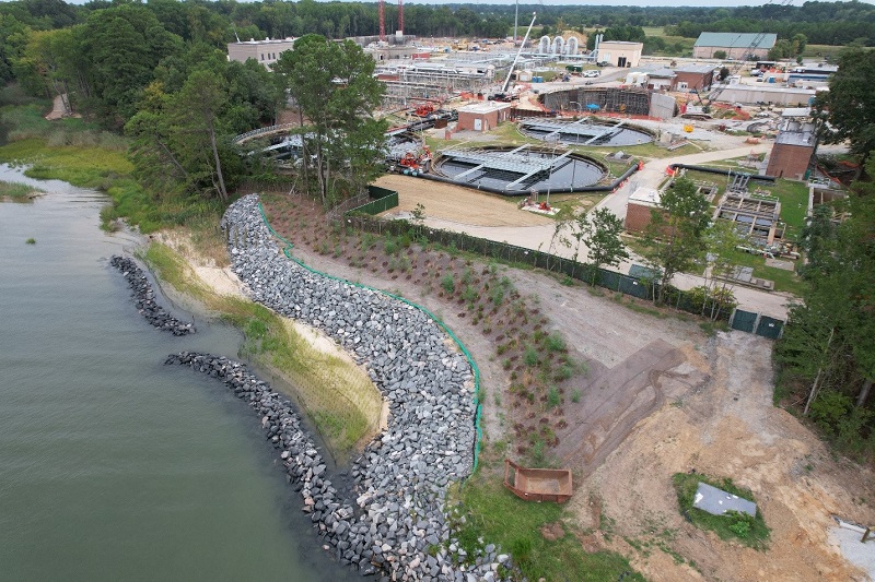 James River Treatment Plant shoreline replenishment and nature trail, as seen from above.