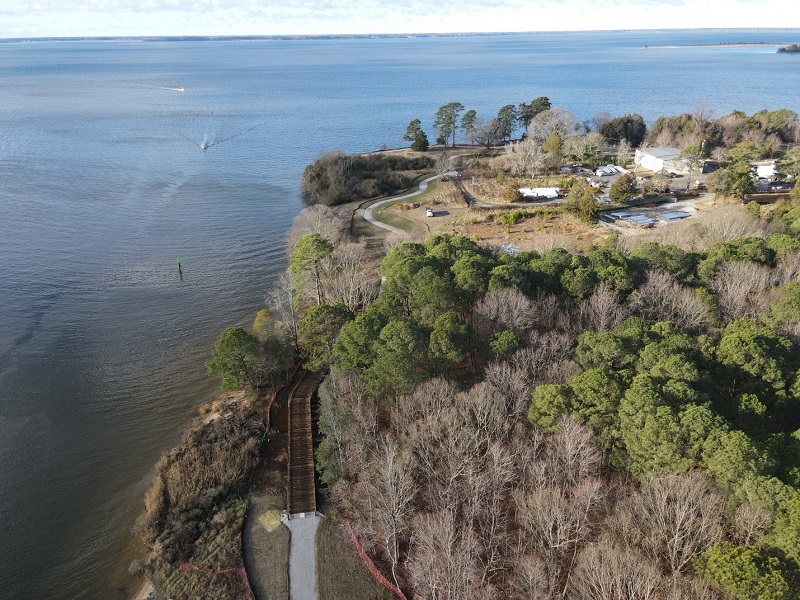 James River Treatment Plant shoreline replenishment and nature trail, as seen from above.