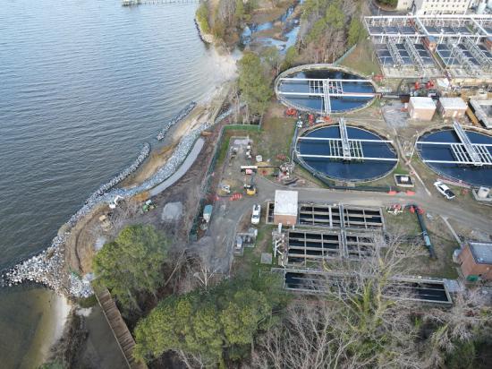 James River Treatment Plant shoreline replenishment and nature trail as seen from above.