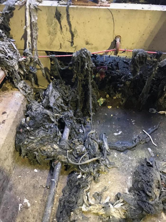 Another image of Flushable wipes stuck on treatment plant equipment