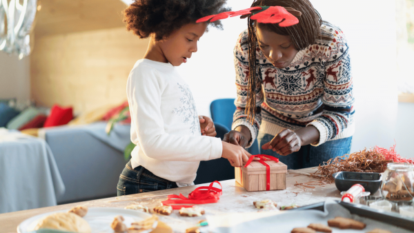 wrapping gift with child