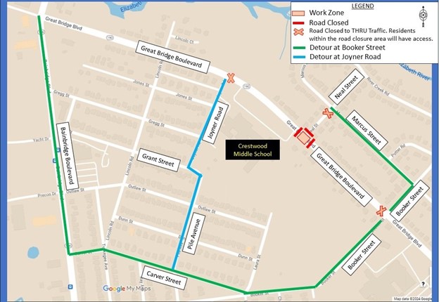 Traffic Advisory Great Bridge Boulevard map